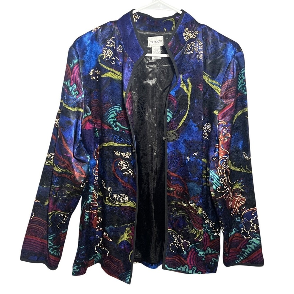 Chico's Women's Size 2 (L/12) Silk Brocade Kimono‎ Jacket Oriental Print Blue
